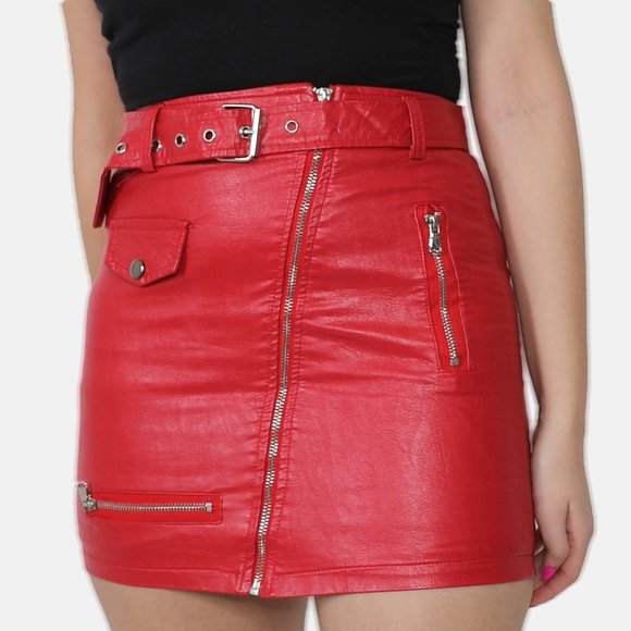 RED PVC VEGAN LEATHER MOTO BIKER JACKET SKIRT - Picture 2 of 3